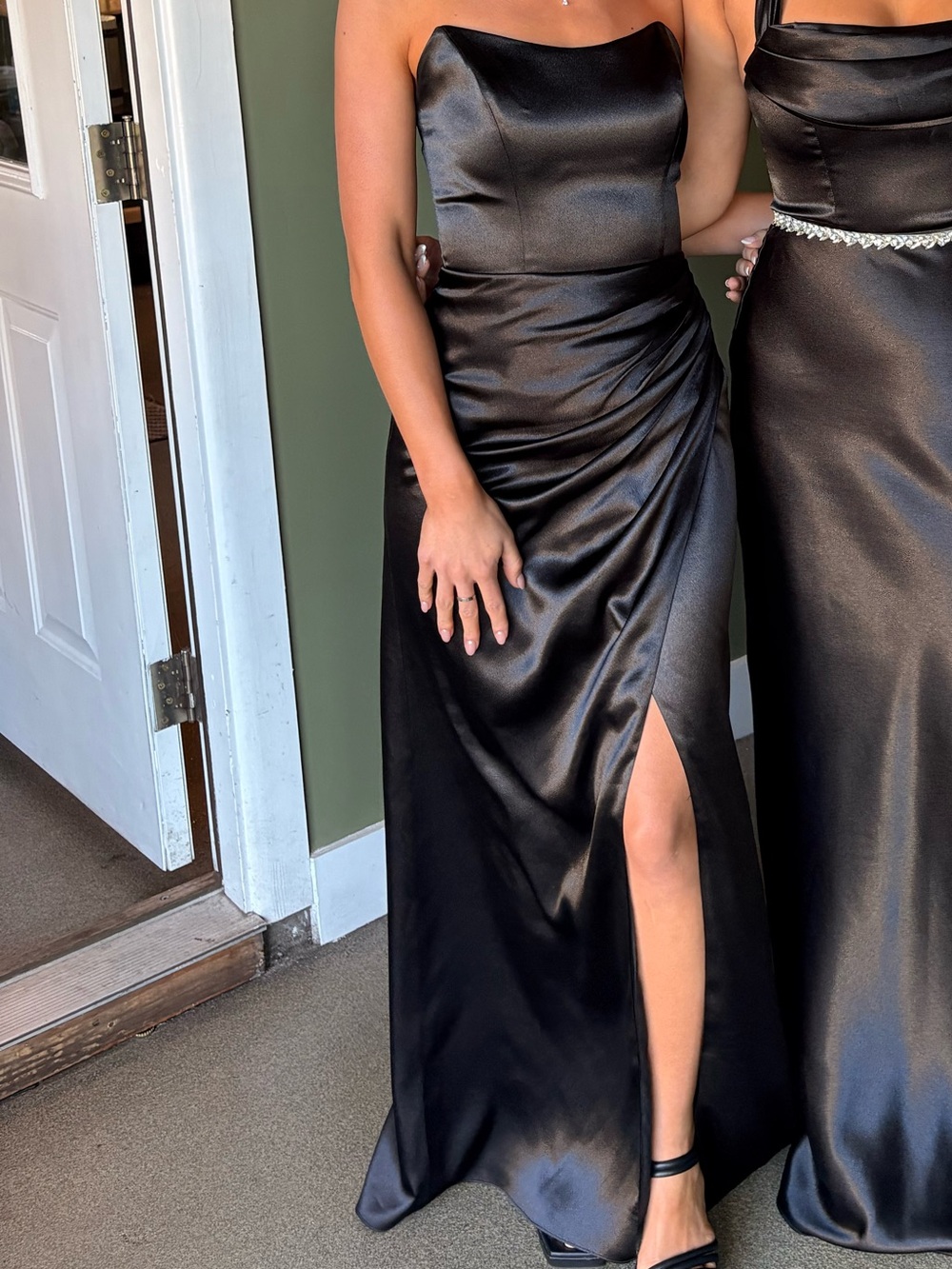 Birdy Grey Black Satin Strapless Prom Dress with Thigh Slit